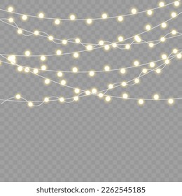 Set of golden Xmas glowing garland. New Year party decoration. Light bulbs isolated on transparent background. Glowing lights for Christmas holiday cards design. Led neon lamp. Vector illustration.