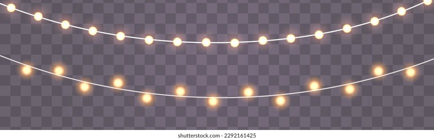 Set of golden Xmas glowing garland. Led neon lamp. Light bulbs isolated on transparent background. Glowing lights for Christmas holiday cards design. New Year party decoration. Vector illustration.