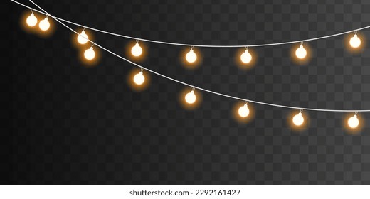 Set of golden Xmas glowing garland. Led neon lamp. Light bulbs isolated on transparent background. Glowing lights for Christmas holiday cards design. New Year party decoration. Vector illustration.