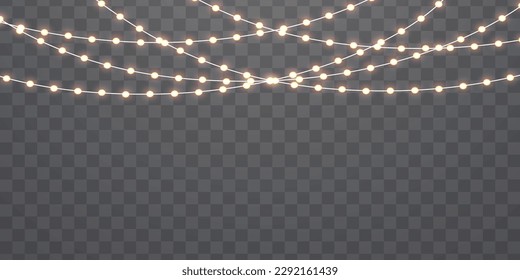 Set of golden Xmas glowing garland. Glowing lights for Christmas holiday cards design. Led neon lamp. Light bulbs isolated on transparent background. New Year party decoration. Vector illustration.