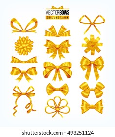 Set of golden yellow bows. Vector illustration.