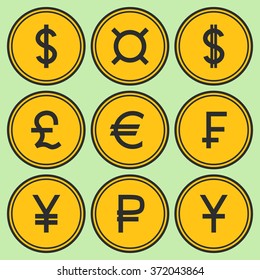 Set of golden yellow coin-like icons with different currency symbols