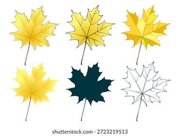 Conjunto de hoja de otoño de arce único de color amarillo dorado aislado sobre fondo blanco. Ilustraciones vectoriales de estilos planos y de línea.