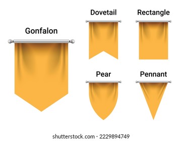 Set of Golden Yellow Flags mockup isolated on white background. Empty 3D Pennant Blank. Realistic Illustration.