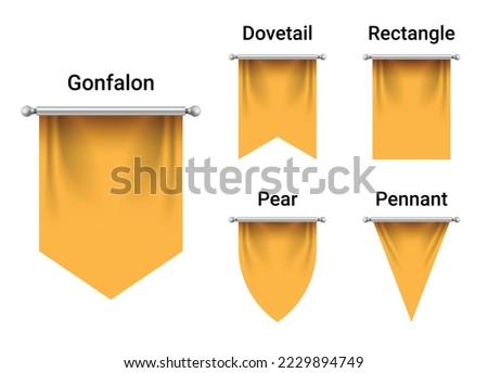 Set of Golden Yellow Flags mockup isolated on white background. Empty 3D Pennant Blank. Realistic Illustration.