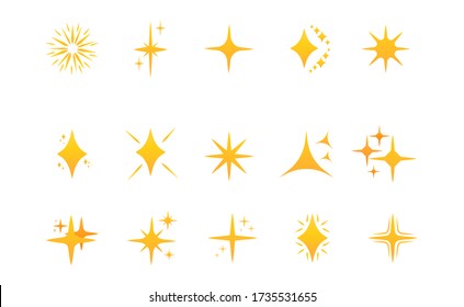 Set of golden yellows sparkles. Glowing light effect of stars. Bright elements for decor. Shine of stars of different shapes. On a white background. Isolated. Icons Flat Vector Illustration