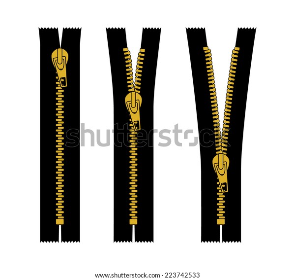 Set of golden zippers on black\
fabric. One zipper in a closed position and two open positions.\
vector art image illustration, isolated on white background,\
eps10