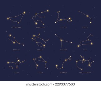 Set of golden zodiac constellations on night sky map background. 12 constellations of sparkling stars, astrological, horoscope symbols. Capricorn, Aquarius, Taurus, Aries, Gemini vector illustration