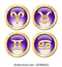 Set of the Golden Zodiac Signs - Aries, Taurus, Cancer, Gemini. Vector