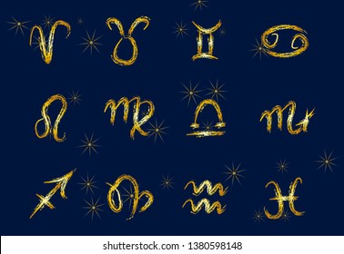 Set of golden Zodiac signs on a dark background. Square icons