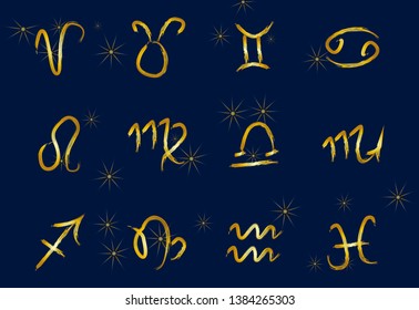 Set of golden Zodiac signs on a dark background. Square icons