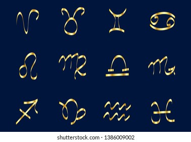Set of golden Zodiac signs on a dark background. Square icons
