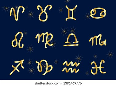 Set of golden Zodiac signs on a dark background. Square icons