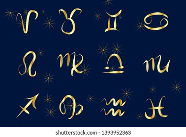 Set of golden Zodiac signs on a dark background. Square icons