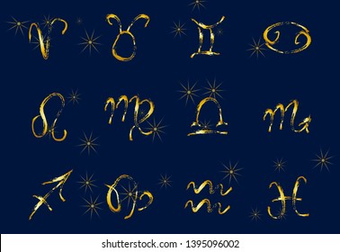 Set of golden Zodiac signs on a dark background. Square icons