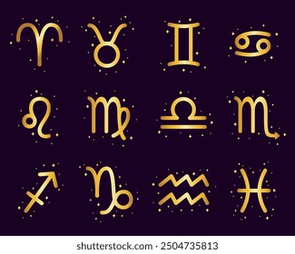 A set of golden zodiac signs on a dark background.

