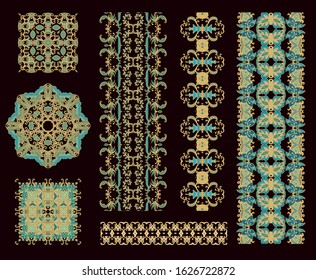 Set of golden-green decorative elements - ornamental rosette, mandala, ornamental vector border ribbon, openwork texture oriental style, on dark background