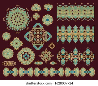 Set of golden-green decorative elements - ornamental rosette, mandala, ornamental vector border ribbon, openwork texture oriental style, on dark background