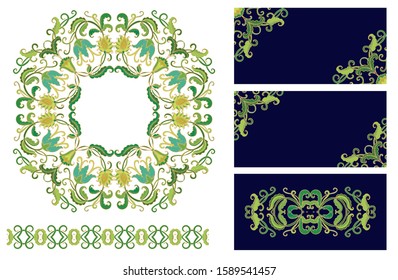 Set of golden-green  floral decorative elements - ornamental rosette, floral frame, border ornament, on white background