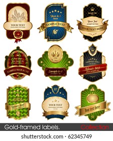 Set of gold-framed labels. Retro design elements.