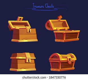 A set of gold-framed wood chests, open and closed. Cartoon on a dark background