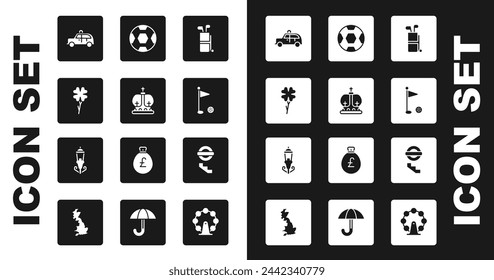 Set Golf bag with clubs, British crown, Four leaf clover, Taxi car, flag, Football ball, London underground and Vintage street light icon. Vector