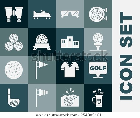 Set Golf bag with clubs, label, ball on tee, Glasses, Binoculars and Award over sports winner podium icon. Vector