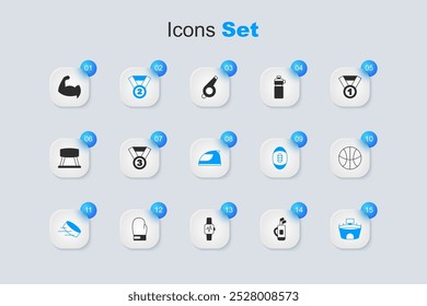 Set Golf bag with clubs, Medal, Hockey puck, Stadium, Basketball ball, Bodybuilder showing his muscles and Racing helmet icon. Vector