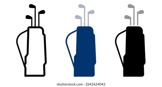 Set of golf bag icons in black blue and gray colors with clubs. Clipart image isolated on background.
