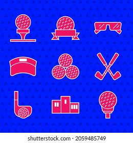 Set Golf ball, Award over sports winner podium, on tee, Crossed golf club, with, Sun visor cap, Glasses and  icon. Vector