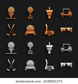 Set Golf ball, car, Glasses, club with, Crossed golf, tee, on and Award cup icon. Vector
