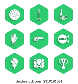 Set Golf ball, course layout, Award cup with golf, sport club, on tee, glove,  and  icon. Vector
