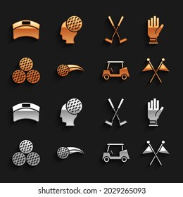 Setzen Sie Golf Ball, Handschuh, Fahne, Auto, Crossed Golf Club, Sun visor Mütze und Symbol. Vektorgrafik