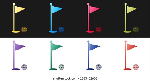 Set Golf ball and hole with flag icon isolated on black and white background. Golf course. Ball and flagstick in hole. Sport concept. Vector.