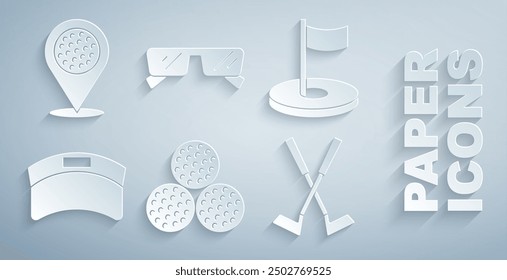 Set Golf ball, hole with flag, Sun visor cap, Crossed golf club, Glasses and Location sport icon. Vector