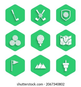 Set Golf ball on tee, Mountains, course layout, flag, with shield and club icon. Vector