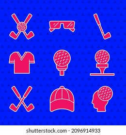 Set Golf ball on tee, Baseball cap, Crossed golf club, shirt,  and with icon. Vector