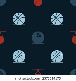Set Golf ball on tee, Bowling and Basketball on seamless pattern. Vector