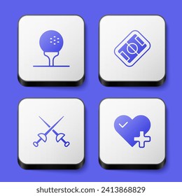 Set Golf ball on tee, Football field, Fencing and Heart rate icon. White square button. Vector