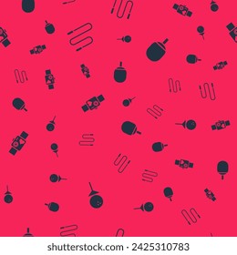 Set Golf ball on tee, Jump rope, Smart watch showing heart beat rate and Racket for playing table tennis on seamless pattern. Vector