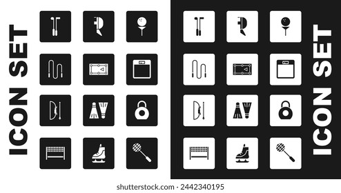 Juego de pelota de golf en la camiseta, mesa de billar, cuerda de salto, club, básculas de baño, máscara de casco de esgrima, Kettlebell y arco e icono de cartela de flecha. Vector