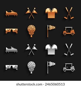 Set Golf ball on tee, Crossed golf club, car, flag, Glasses, shirt, shoe and  icon. Vector