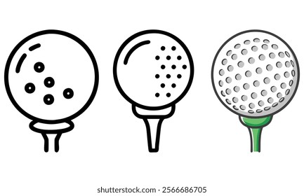 Set of Golf Ball on Tee Icons, Collection of golf ball illustrations on tees in various styles, perfect for golf, sports, tournaments, or recreational themes.