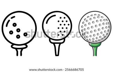 Set of Golf Ball on Tee Icons, Collection of golf ball illustrations on tees in various styles, perfect for golf, sports, tournaments, or recreational themes.