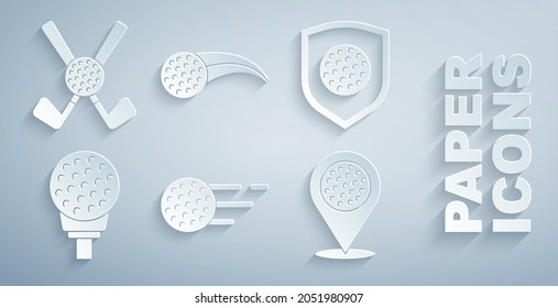 Set Golf ball, with shield, on tee, Location golf sport club,  and Crossed icon. Vector