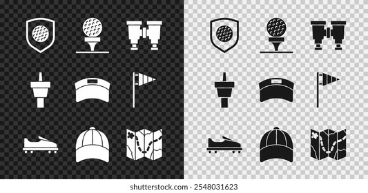 Set Golf ball with shield, on tee, Binoculars, shoe, Baseball cap, course layout,  and Sun visor icon. Vector