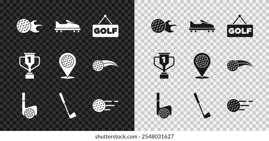 Set Golf ball, shoe, label, club with, Award cup golf and Location sport icon. Vector
