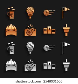 Set Golf ball in water, flag, tee, Award over sports winner podium, Baseball cap, bag with clubs and on icon. Vector