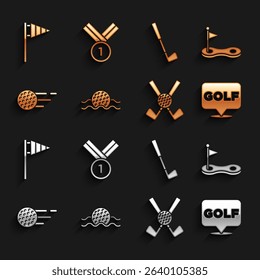 Set Golf ball in water, hole with flag, label, Crossed golf club,  and Medal icon. Vector