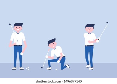Set of Golf cartoon players in modern flat style. Golf equipment icon. Isolated character playing golf and having a fun. Game moments. Vector Illustration